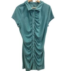 SO Terry Cloth‎ Shirt Dress Size Extra Large Turquoise Short Sleeve Gathered Y2K